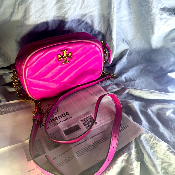 Tory Burch Handbags - Tory Burch Kira Small Chevron Camera Bag - Hot Pink Glam- some edge wear (pics)